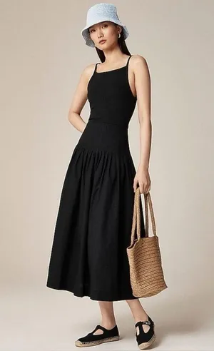 J. Crew Pintuck Mixy Drop Waist Midi Dress in Black Size XXS thumbnail 1