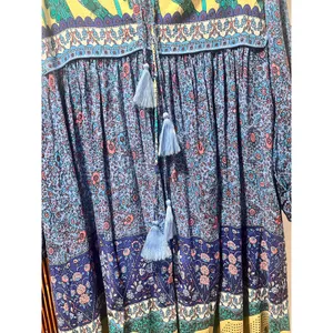 R. Vivimos Blue Peacock Floral Boho Tassel Midi Peasant Dress XL thumbnail 3