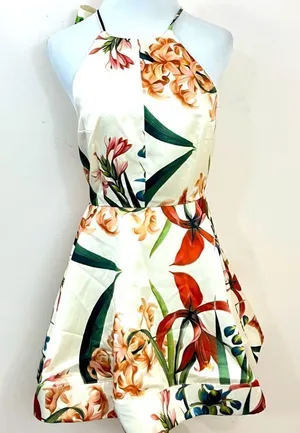Lulu’’s Sunny Centerpiece Cream Floral Fit and Flare Satin Mini Dress S thumbnail 1