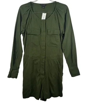 Banana Republic Linen Blend Utility Romper Long Sleeve Army Olive Green‎ Size S thumbnail 1