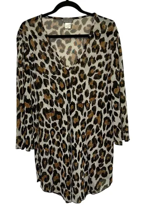 Jordan‎ Taylor Leopard Print Sheer Cover Up Tunic V Neck Long Sleeve M thumbnail 1