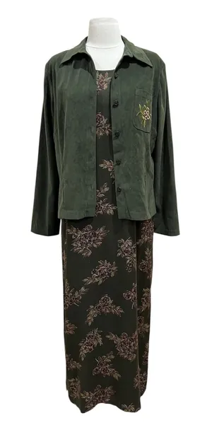 Erika Vintage 90s Two Piece Set Olive Green Floral Maxi Dress & Shacket Sz Small thumbnail 1