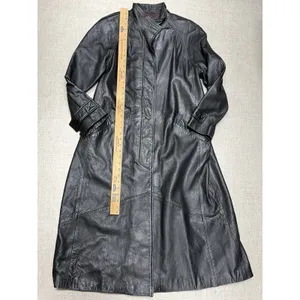 Vintage Black Leather Trench Coat Women Size L Good Longline Matrix Goth‎ thumbnail 8