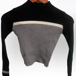 Crew Neck Slim-Fit Stripe Crop Sweater White/ Grey/ Black thumbnail 1