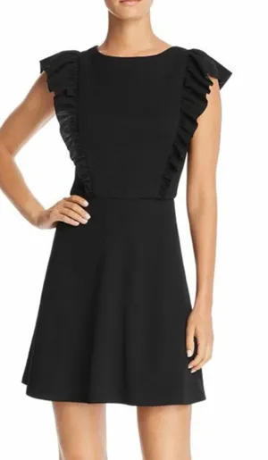 AQUA Ruffle Trim Fit and Flare Dress Womens Large Black Coquette Crepe‎ W0-6673 thumbnail 1