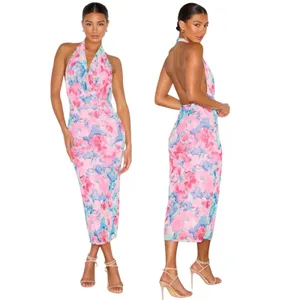 Lulus Venus Teal and Pink Floral Mesh Backless Midi Dress size Large NWT thumbnail 2