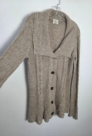 Oatmeal Beige Cardigan Sweater Shawl Collar Cable Knit Comfy Loungewear Large thumbnail 1