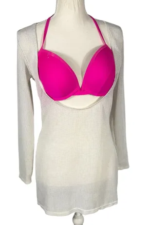 Mesh Swim Cover Up Womens Large Cream Deep Scoop Open Back Beach Dress thumbnail 1