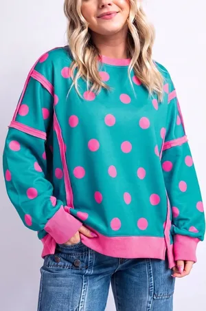 Polka Dot Contrast Patchwork Round Neck Baggy Sweatshirt thumbnail 1