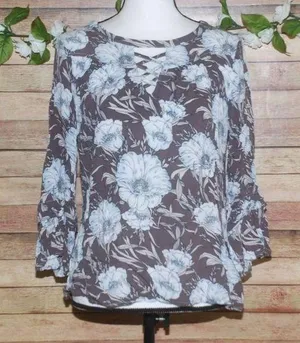 Miss Me Brown Blue Floral Blouse Size S Open Cross Front Keyhole Back 3/4 Sleeve thumbnail 1