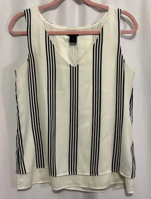 Ann Taylor Black White Striped V-Neck Sleeveless Blouse Layered Hem Top S thumbnail 1