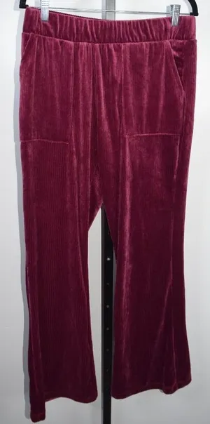 Time and Tru Velour Pants SZ M Burgundy Ribbed Velvet Flare Leg Loungewear thumbnail 1