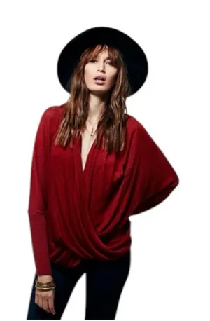 NWT Free People Sheila Hacci Top Mahogany Combo Dark Red Wrap Top Drapey Medium thumbnail 1