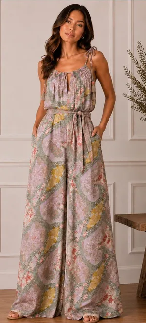 Easel Size L Boho Paisley Wide Leg Tassel Jumpsuit NWOT thumbnail 1