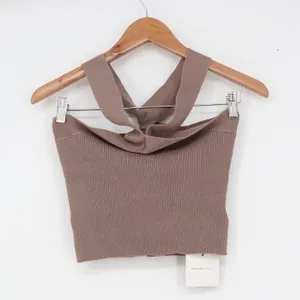 SHEIN Basics Taupe Brown Ribbed Twisted Front Halter Crop Top M thumbnail 2
