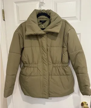 Blu Pepper Olive Green Puffer Jacket Funnel Neck Cinched Waist Coat NWT‎ Small thumbnail 1