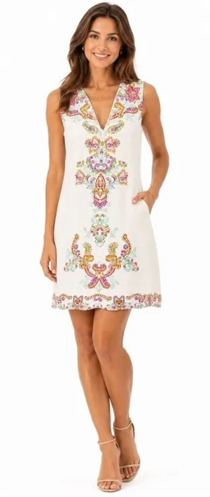 Anthropologie Ciebon White Embroidered V-Neck Shift Dress Floral Sleeveless XS thumbnail 1