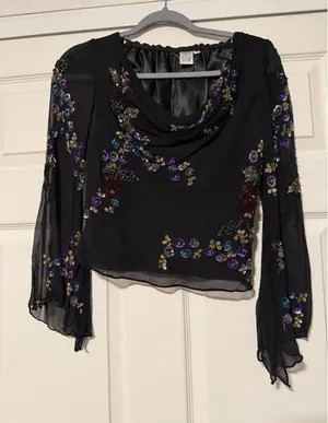 Vintage‎ Silk Y2K Floral Sequin Top Black Bell Sleeve Sheer Witchy Whimsigoth thumbnail 1