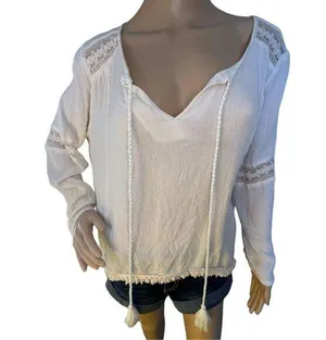 Katie’s Kloset Cream Lightweight Long Sleeve Boho V-Neck Blouse thumbnail 1