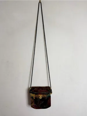 Floral Velvet Hard Case Box Purse Crossbody Evening Bag Gold Frame Mirror thumbnail 2