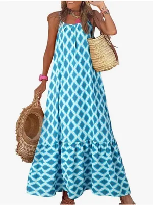 NEW Spaghetti Strap Scoop Neck Smocked Ruffle Flowy Maxi Dress S thumbnail 1