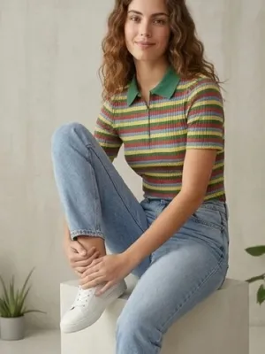 ZARA Multi-Colored Striped Ribbed Knit Polo Zip-Up Shirt Size M thumbnail 5