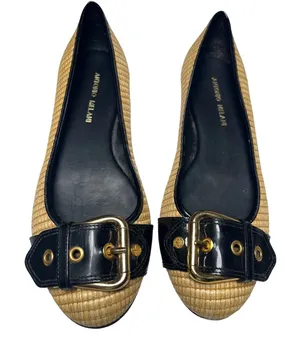 Antonio Melani Woven Straw Patent Buckle Flats Black Tan‎ Women 8M Preppy thumbnail 1