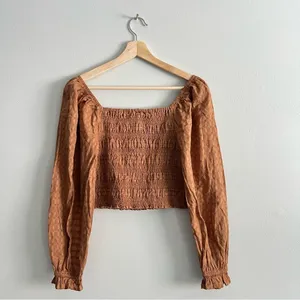 American Eagle Smocked Blouse NEW Brown Puff Long Sleeve Size Medium Square Neck thumbnail 5