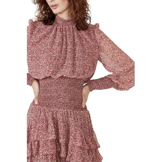 Bardot Dress Georgette Soft Floral Tiered Shirred Mini Long Sleeve Pink M thumbnail 3