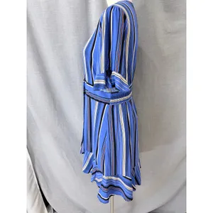 Band Of Gypsies Blue Striped Faux Wrap Dress Flutter Sleeve‎ Ruffle Hem L thumbnail 2