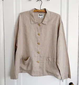 FLAX • 100% linen jacket natural lagenlook oversized boxy collared beige tan thumbnail 1