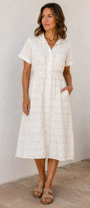 Tularosa Small Midi Dress Cream Floral Embroidery Lace Trim Boho Button Front thumbnail 1