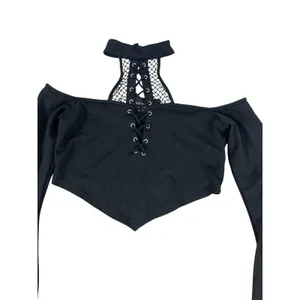 Killstar Black Gothic Crop Top Bell Sleeve Lace Up Choker Neck Witchy Emo M thumbnail 3