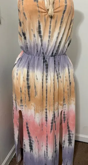 Tie-Dye Sleeveless Maxi Dress in Peach, Lavender & Coral thumbnail 1
