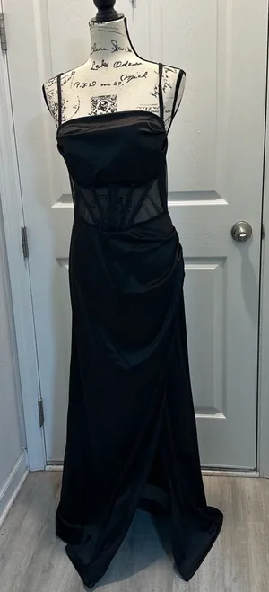 Toleen Elegant Satin Black Evening Gown with Sheer Waist Panel thumbnail 1