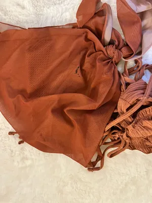 SHEIN Ribbed Burnt Orange Brown 3 Piece Tie Bikini Set Cover Up Sarong Medium thumbnail 6