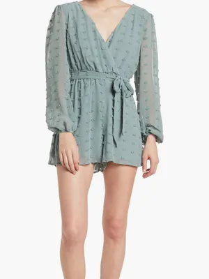 Sage Green Long-Sleeve Wrap short Mini Dress with Tie Waist thumbnail 3