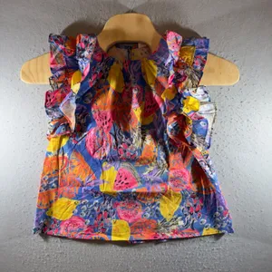 1682 | Entro‎ Boho Fruit Print Ruffle Shoulder Cotton Blouse Blue Multi Women M thumbnail 1