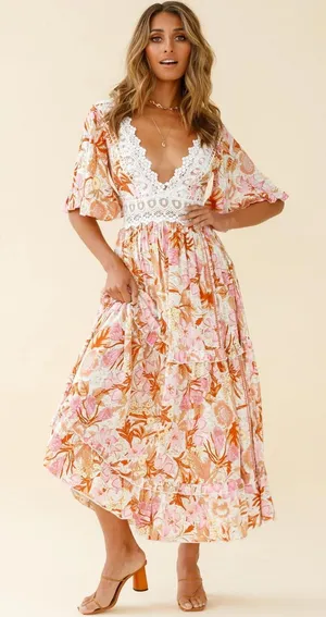 Saints + Secrets Size M Floral Crochet Trim Ruffle Tiered Maxi Dress thumbnail 1