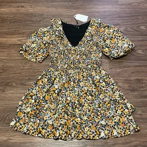 NWT Plunge Smocked Cotton Floral Mini Dress Yellow Black Blue XS thumbnail 9