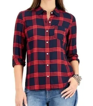 Tommy Hilfiger NWOT plaid roll tab button front shirt M thumbnail 1