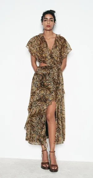 Zara maxi dress snake animal print mesh ruffled boho western casual summer thumbnail 10