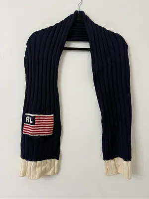 Polo Ralph Lauren Wool Blend Ribbed Navy Scarf Sweater with Flag thumbnail 1
