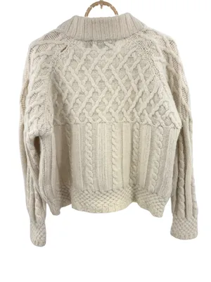 Aran Crafts Cream Cable-Texture Turtleneck zip up cropped cardigan 100% wool M thumbnail 2