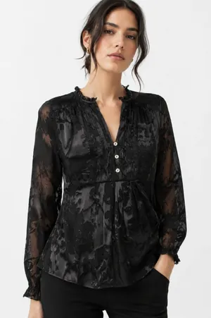Diane Von Furstenberg Annalise Silk Burnout Blouse Black Ruffle V-Neck Boho 6 thumbnail 1