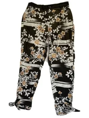 Anthropologie Elevenses Women Pants Size L‎ Black Floral Joggers Tie Hem Pockets thumbnail 1