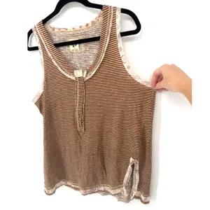 Free People Tank Top Striped Henley Medium Brown Linen Blend Boho Sleeveless thumbnail 4