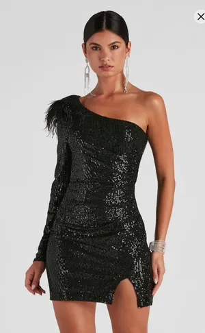 Windsor Dress Black Sequin Mini One-Shoulder thumbnail 1