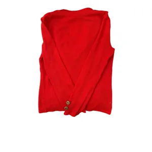 Zara Womens Red V-Neck Ribbed Knit Sweater Gold Filigree Button Cuff Size Medium thumbnail 6