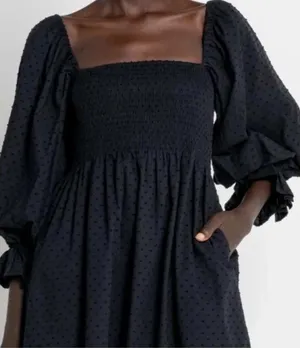 Kourt Black Clip Dot Smocked Puff Sleeve Mini Dress Women XL Cotton Square Neck thumbnail 1